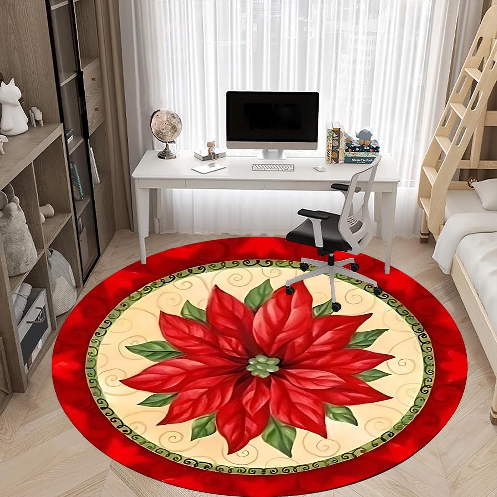 1pc Christmas Poinsettia Chair Carpet for Office, Round Non-Slip Durable Large Size Office Carpet, Suitable for Office, Beautiful Decoration