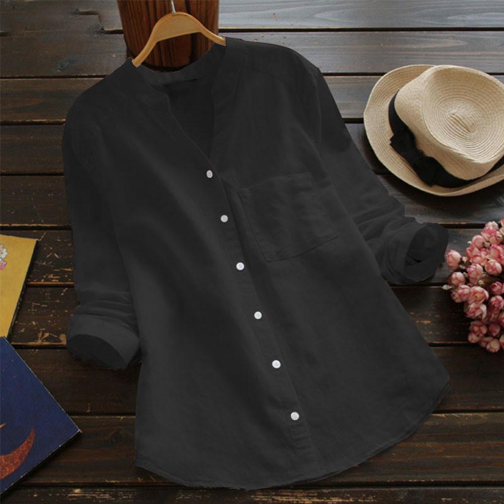 Women Cotton Linen Casual Solid Long Sleeve Shirt Blouse Button Down Tops