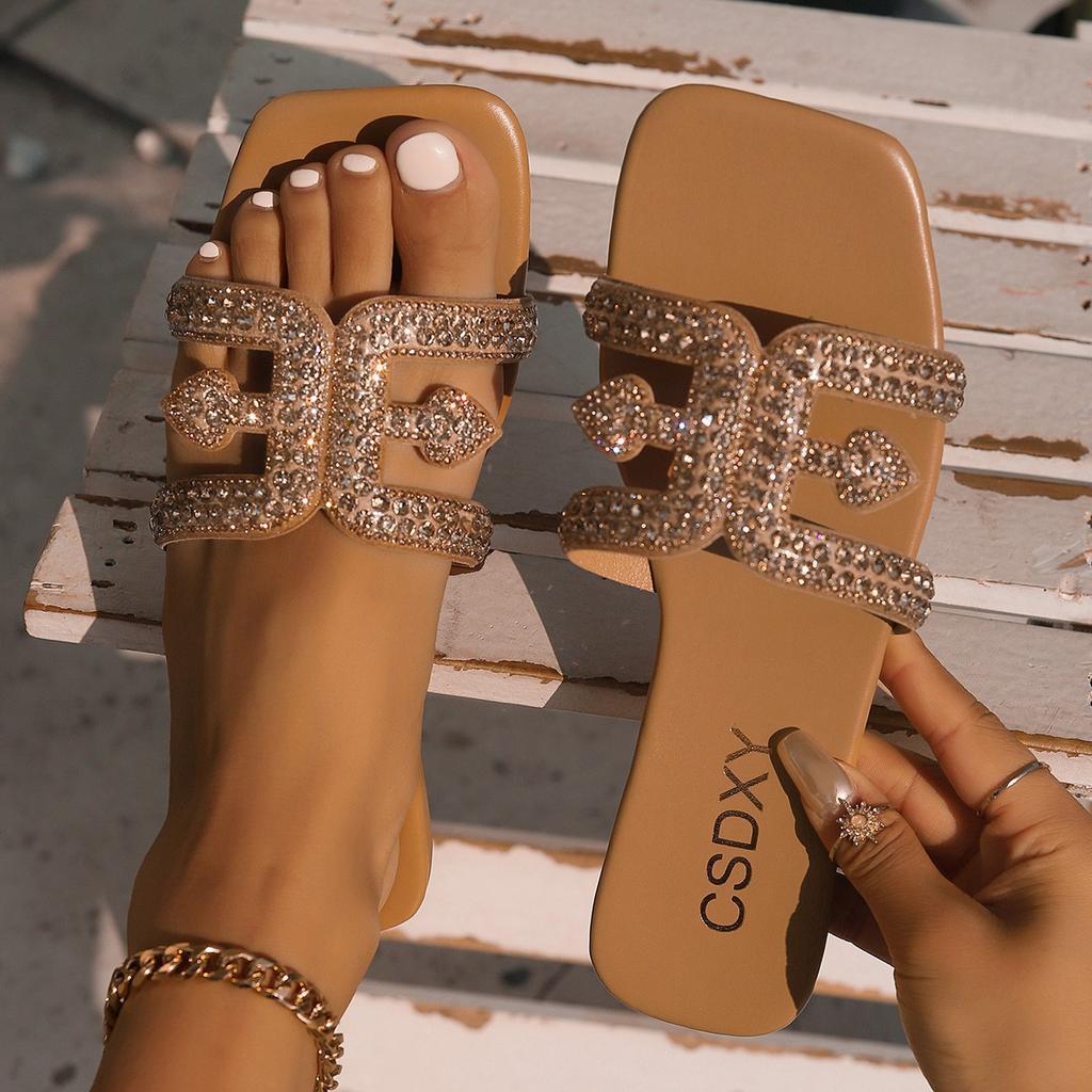 Rhinestone flat-bottomed slippers women's square head one pedal home slippers foreign trade large size FlatSlippers