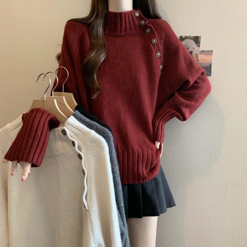 

Japan and South Korea autumn and winter simple diagonal skirt semi-turtleneck knitted sweater women s large size versatile casual long-sleeved top average size 57-92 бордовий