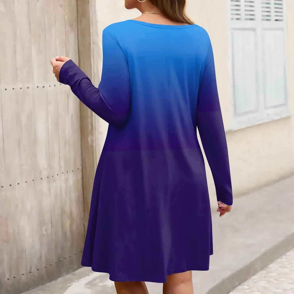 Plus Size Women's Gradient Print Casual Spring/Autumn Pocket Round Neck Long Sleeve Dress