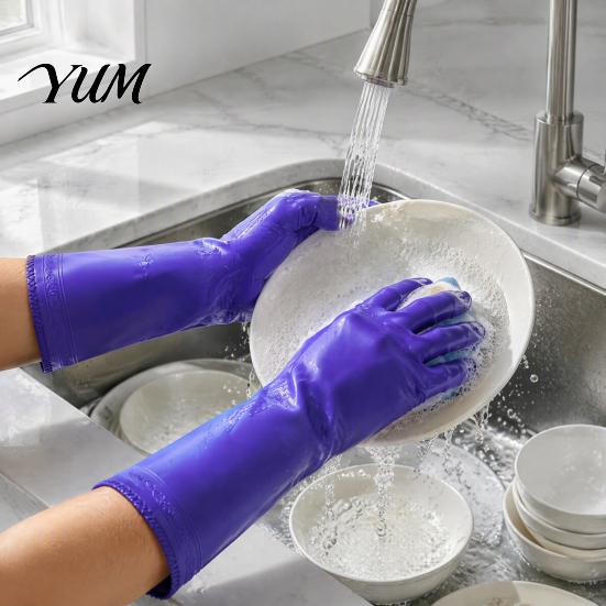 Non Slip Dish Washing Mitts PVC Rubber Cleaning Gloves, Thickened with Warm Fleece Lining Dishwashing Reusable Latex Free Gloves Waterproof Anti-Slip