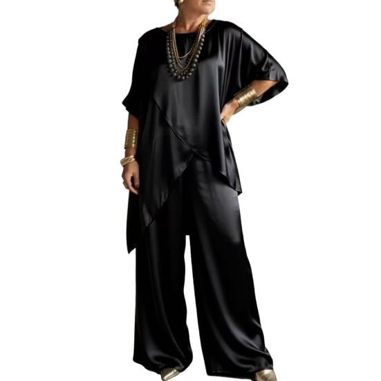 

Жіночі атласні комплекти з 2 предметів, топ з коротким рукавом та асиметричним подолом, штани- палаццо, літні вільні комплекти для дому 2XL чорний
