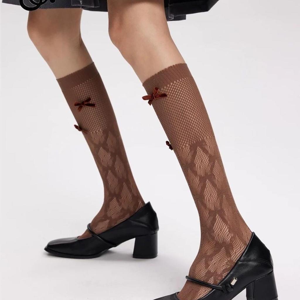 Mesh Bowknot Calf Stockings for Women Vintage Solid Color Summer Breathable Long Socks Sweet Girls Knee High Fishnet Pile Socks
