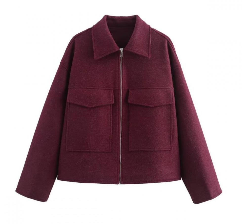 European and American women s clothing popular retro fashion simple lapel big pocket zipper woolen jacket S бордовый