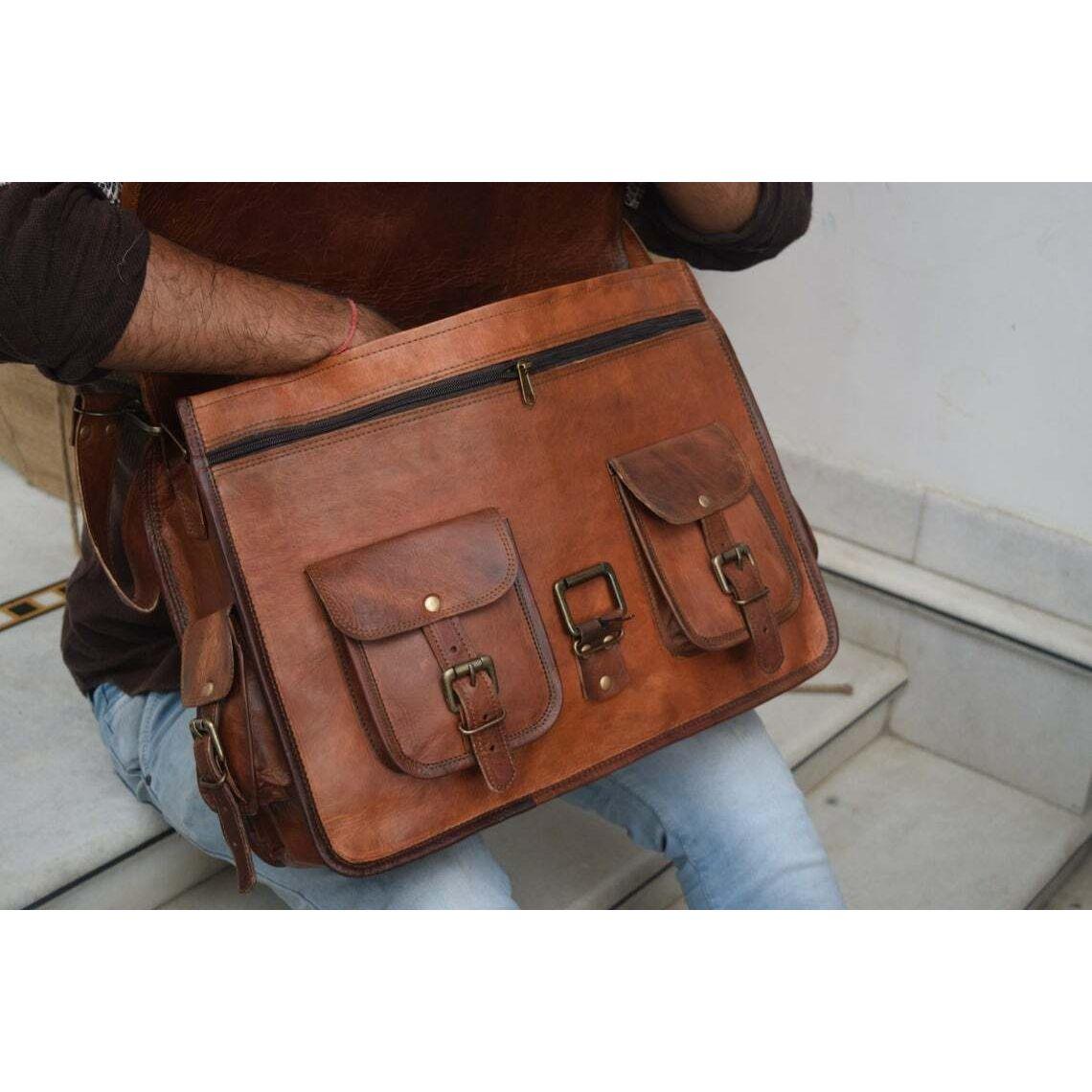 Мужская сумка-мессенджер из козьей кожи Настоящая сумка-сэтчел из натуральной кожи — фото 3