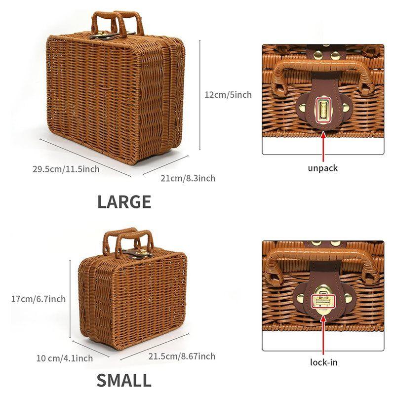 Wicker Picnic Basket, Vintage Decorative Prop Suitcase Storage Hamper Makeup Organizer,Metal Lock Plastic Rattan