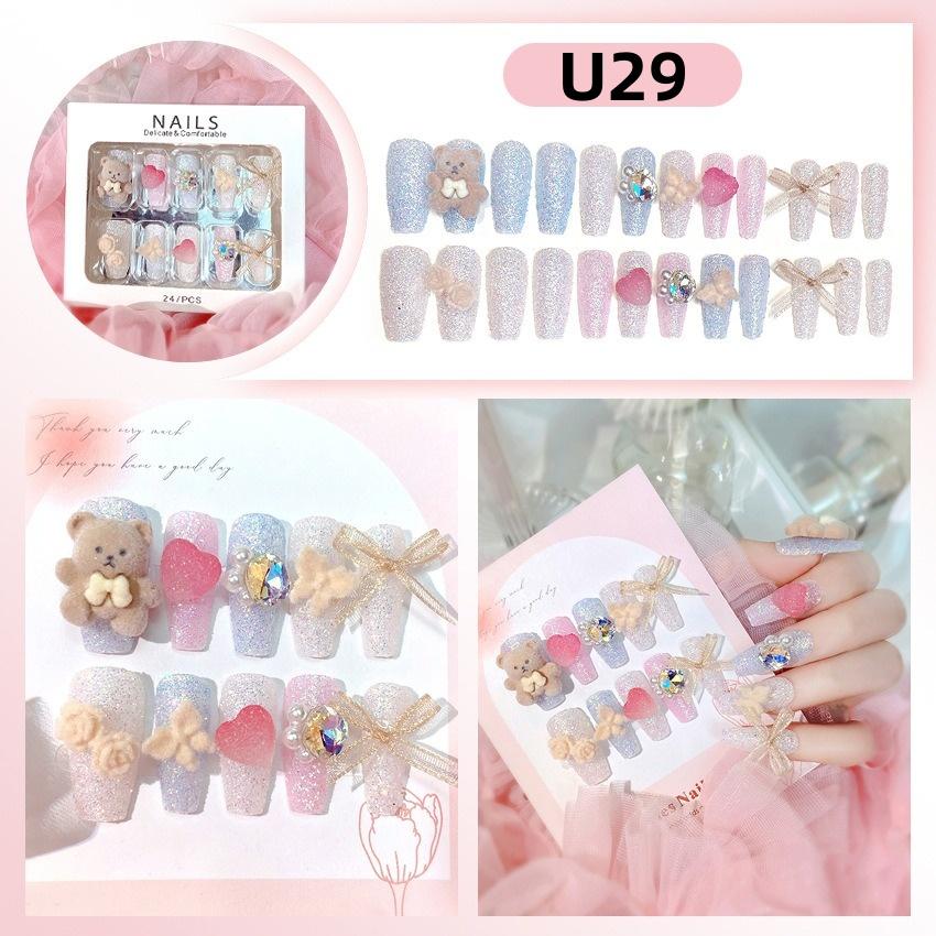 White Blue Color 3D Rabbit Star Rhinestone Designs-Full Cover Acrylic False Nails for Women and Girls Detachable Long Fake Nails