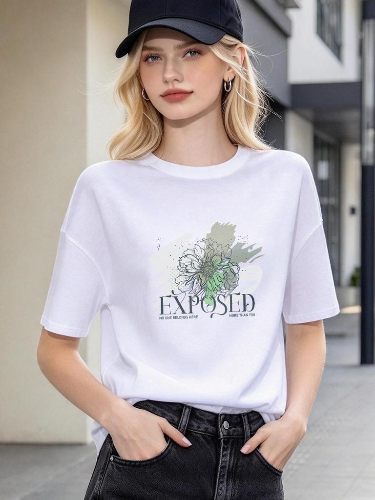 Casual Floral Print Tee Soft Comfortable Loose Fit Daily Wear Unisex Top 