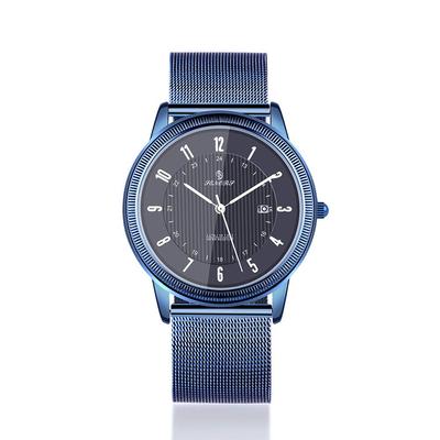 Men's Watch, Ultra-Thin Classic Simple Black Stainless Steel Fashion Casual Watch with Calendar, Waterproof, Milanese Style (Blue)