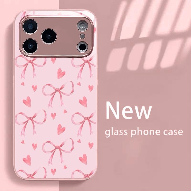 

Fashion Pink Heart Bow Pattern Pink Metallic Glass Phone Case For iPhone 17 16 15 14 13 12 11 Pro Max 15 14 Plus 17Air 16E Cover iPhone 15 Pro Max
