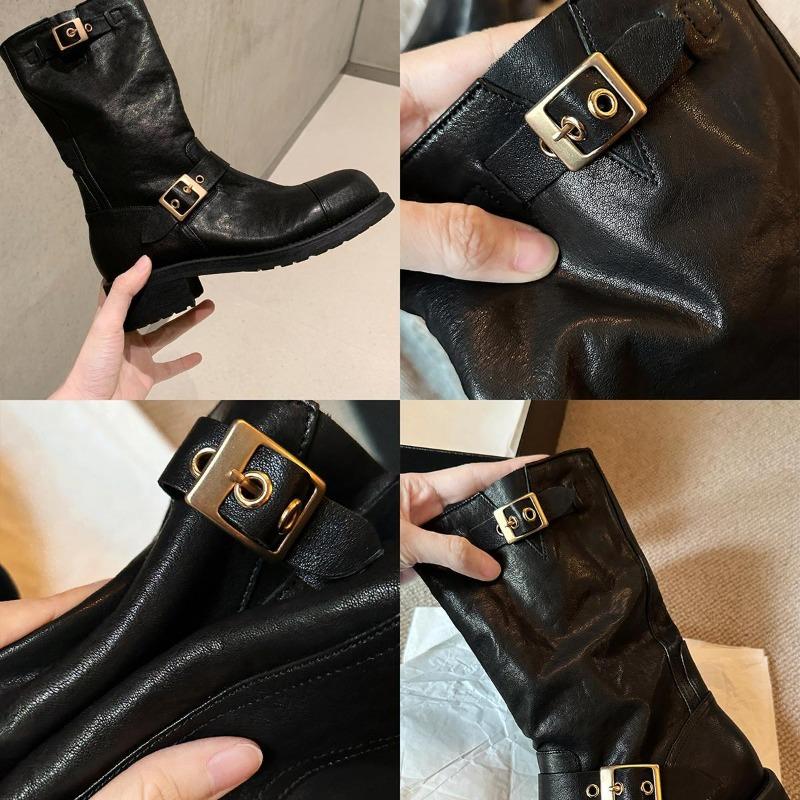 ~ Collection of medieval soft leather cowhide thick heel round head medium tube knight boots women's autumn and winter