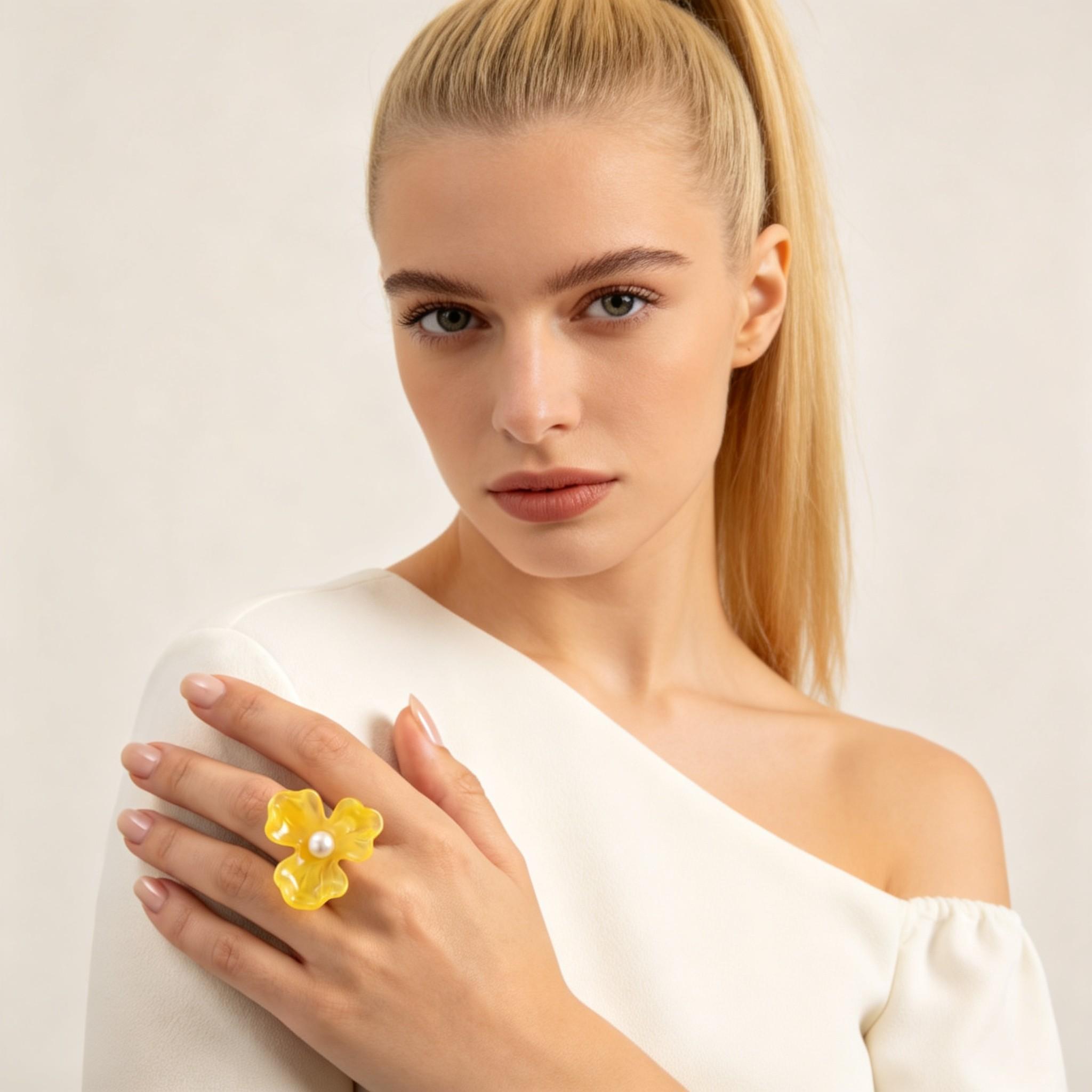 Unique Resin Flower Ring for Women Imitation Pearl Rings Elegant Engagement Jewelry Gift
