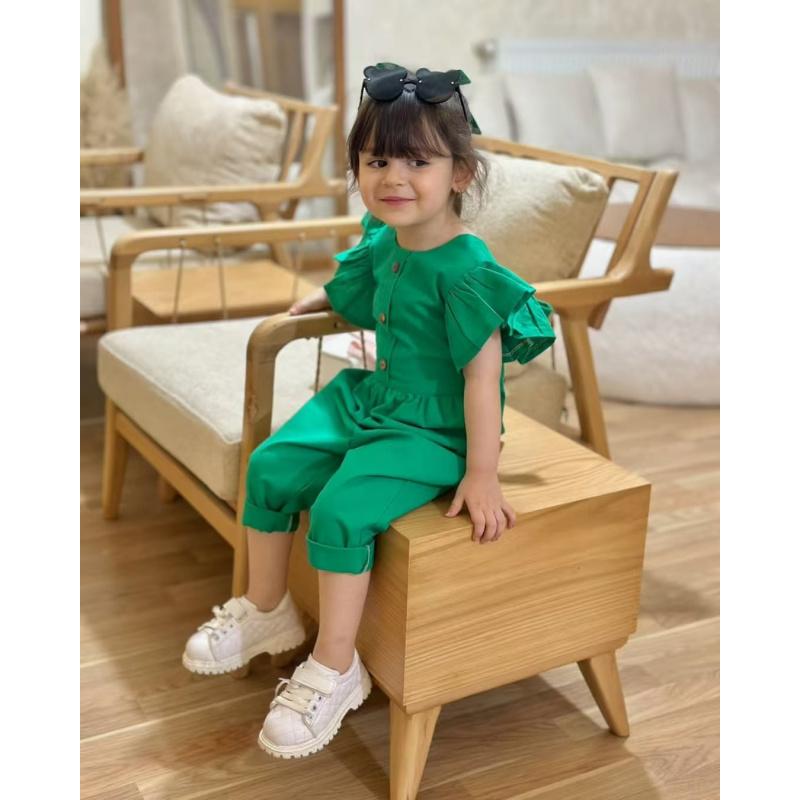 New Children'S Clothing: Baby Solid Color Cotton-Linen Jumpsuit With Ruffle Sleeves