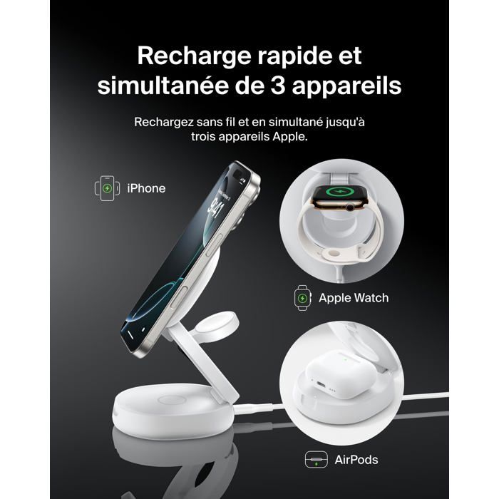 Station de Charge 3-en-1 - Belkin - Pliable - MagSafe - Qi2 - 15W - Blanc