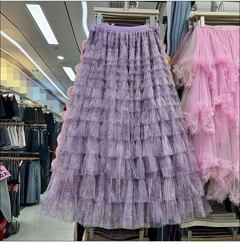 Verlaufender Retro Batik Mesh Tüll Midi Rock