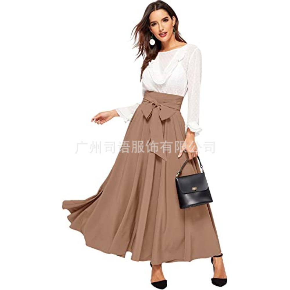 Women's High Waist Bow Tie Maxi Skirt Solid Color A Line Flowy Elegant Casual Work Party Skirts