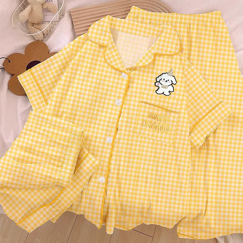 Homewear Cloud Cotton Frühling und Sommer Pyjama Damen Kurzarm Hose Cartoon Welpe Mädchen Dreiteiler