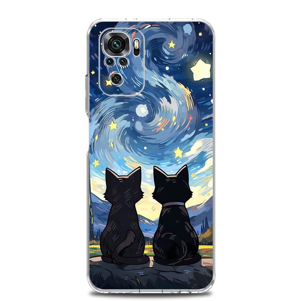 Phone Case For Xiaomi Redmi Note 15 14 13 12 4G 10 11 Pro Plus 5G 14C 13C 12C 10C Clear TPU Cover Cat Van Gogh Starry Sky