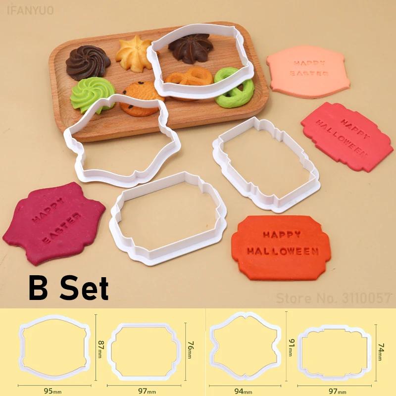 2023 New Vintage Plaque Frame Cookie Cutters Name Plate Plastic Biscuit Mould Cake Decorating Tools Letters Baking Tools 4PCS