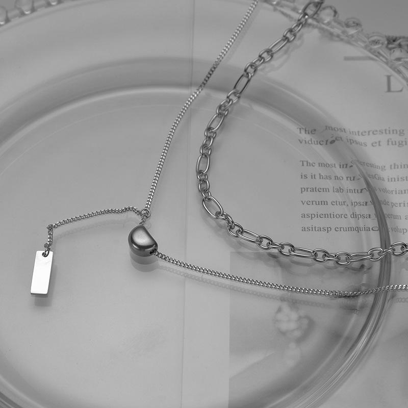 Xiaohongshu Double-Layer Coffee Bean Necklace with Elegant Rectangular Pendant XL304 (Stainless Steel)