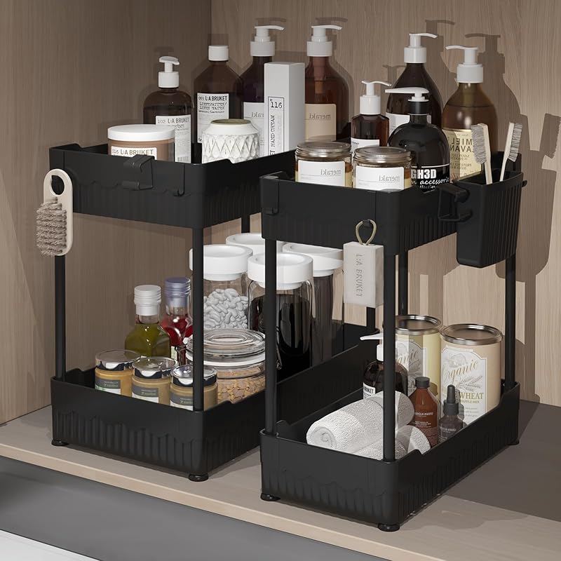 2 Pack Under Sink Organizer, Under Bathroom Cabinet Organizer with Hooks Hanging Cup, Multi-Purpose Storage Shelf for Kitchen Bathroom, Black 12.8 Inch
