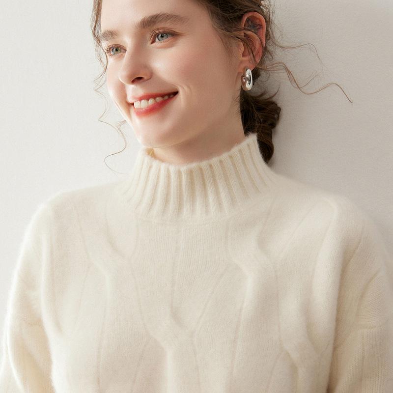 Women's Cashmere Half-High Neck Cable Knit Pullover - Thick, Loose & Cozy for Autumn/Winter.