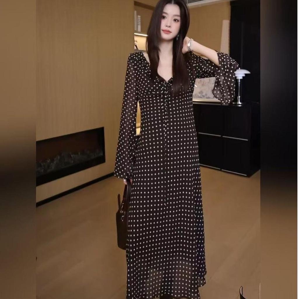 Women's Early Spring French Style Polka Dot Long Sleeve Flare Dress