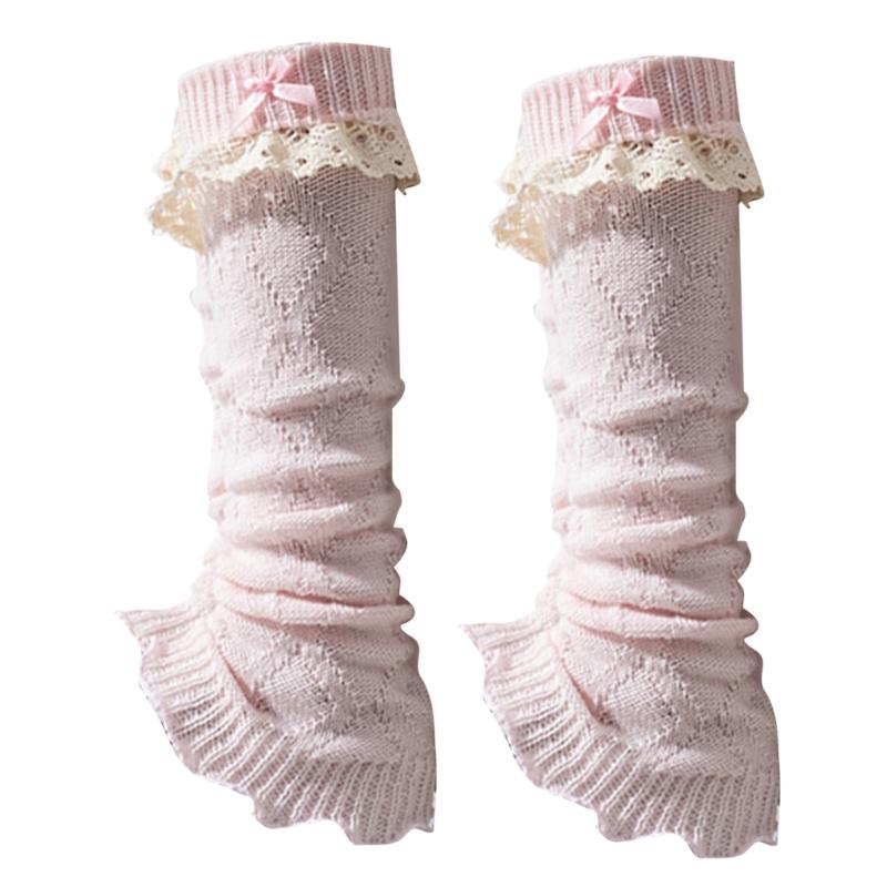Women Fairycore Knitted Leg Warmers Calf Socks Japanese Sweet Bowknot Ruffled Lace Trim Leg Covers Boot Cuffs Stockings