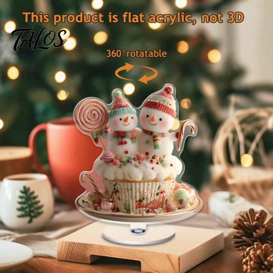 Decorative Rotating Base Acrylic Desktop Ornament, 2D Flat Christmas Santa Snowman Cupcake Plaque with Gift for Home Winter Bookshelf, Mantel,