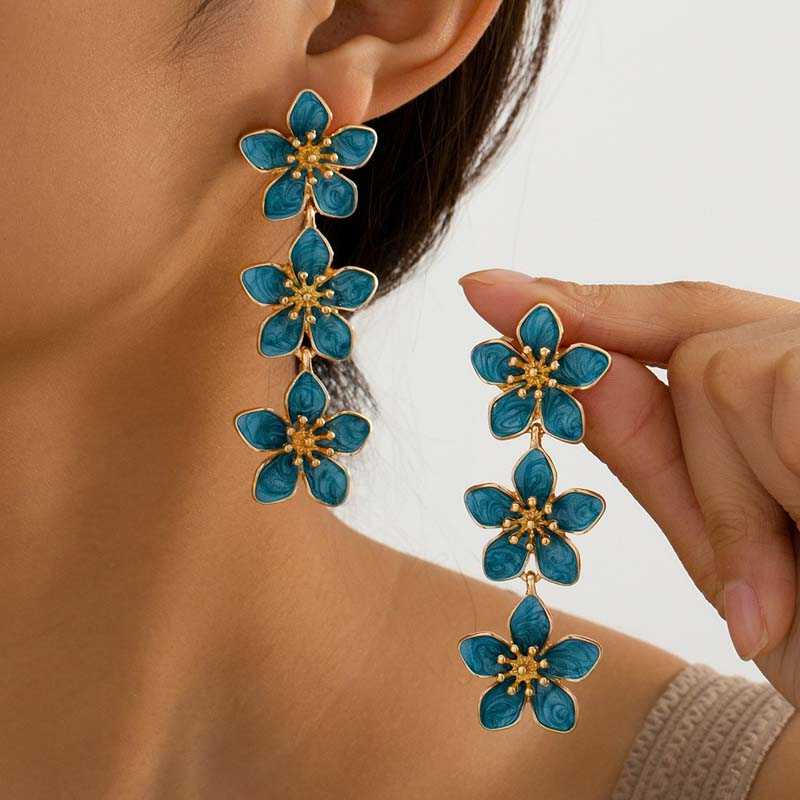 Korean Colorful Enamel Flower Drop Earrings for Women Retro Metal Long Floral Temperament Earrings Zircon Holiday Party Gift