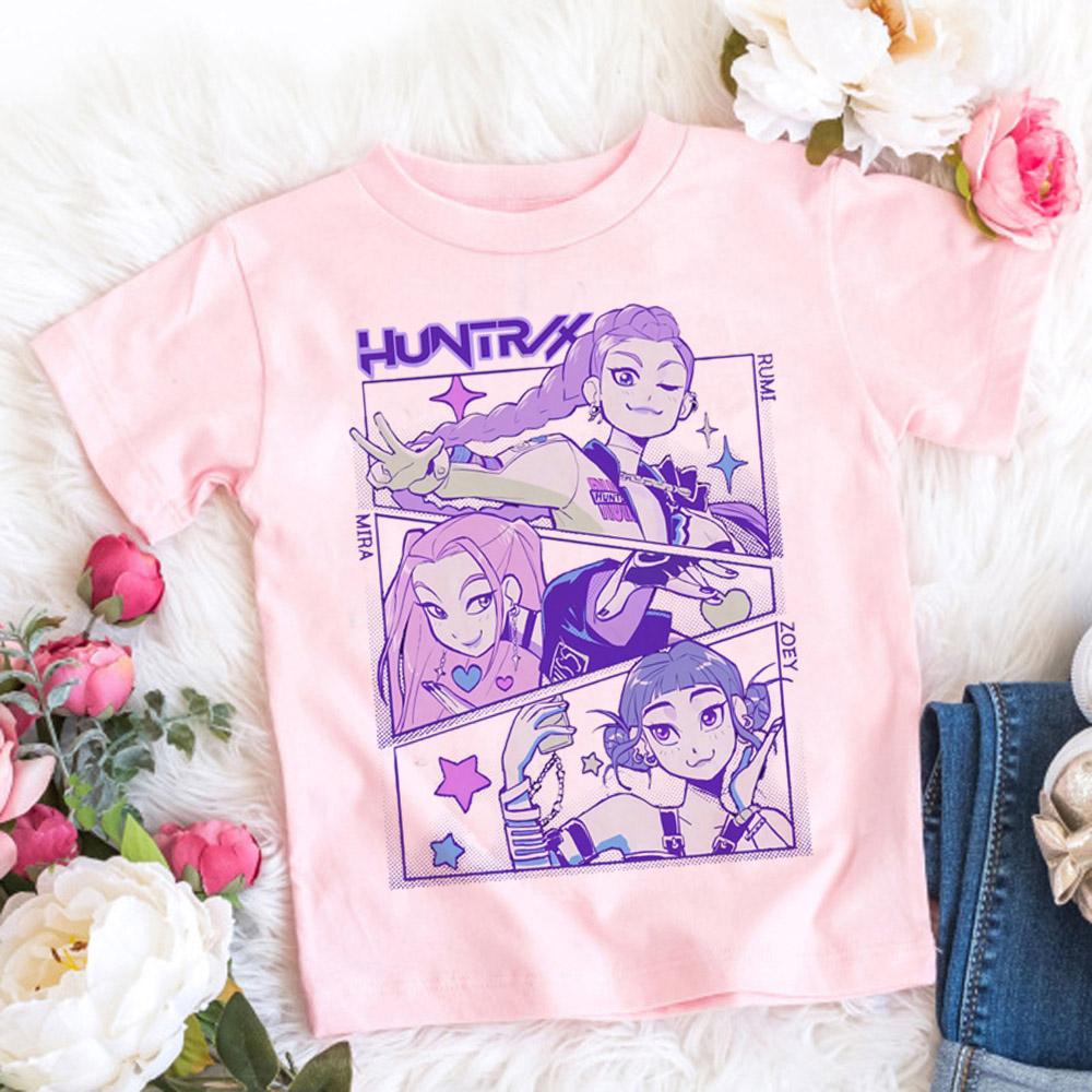 Summer Pure Cotton KPop Demon Hunters TShirt Kids Cartoon Anime Meme Print Clothes Round Neck Basic Boys Tops Casual Shirts