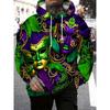 Men Mardi Gras Carnival Mask Feather Beads All Over Print Hoodie Purple Green Gold Graphic Casual Long Sleeve Hooded Sweatshirt