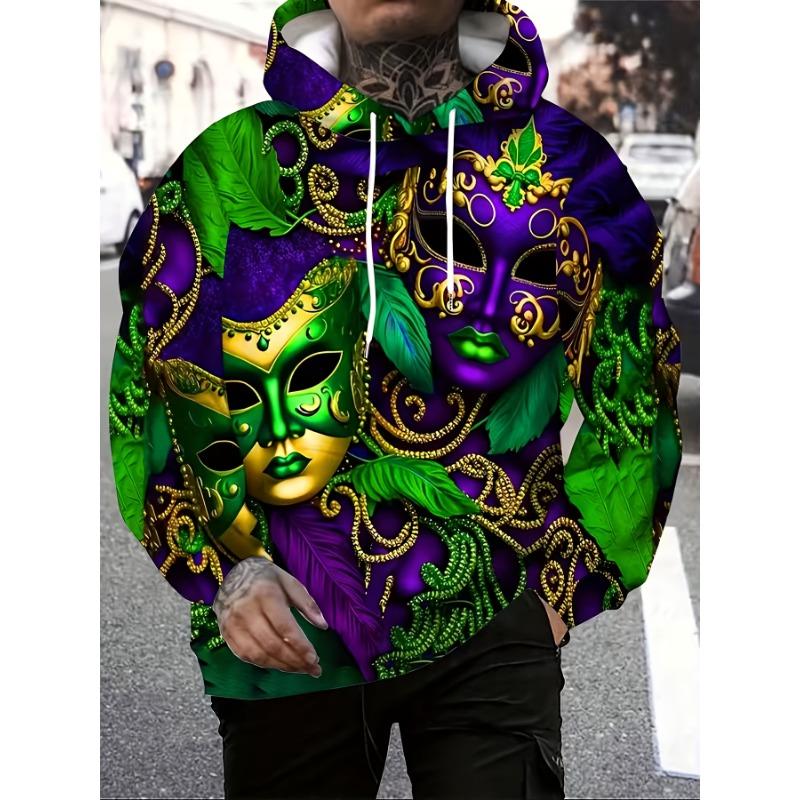 Men Mardi Gras Carnival Mask Feather Beads All Over Print Hoodie Purple Green Gold Graphic Casual Long Sleeve Hooded Sweatshirt