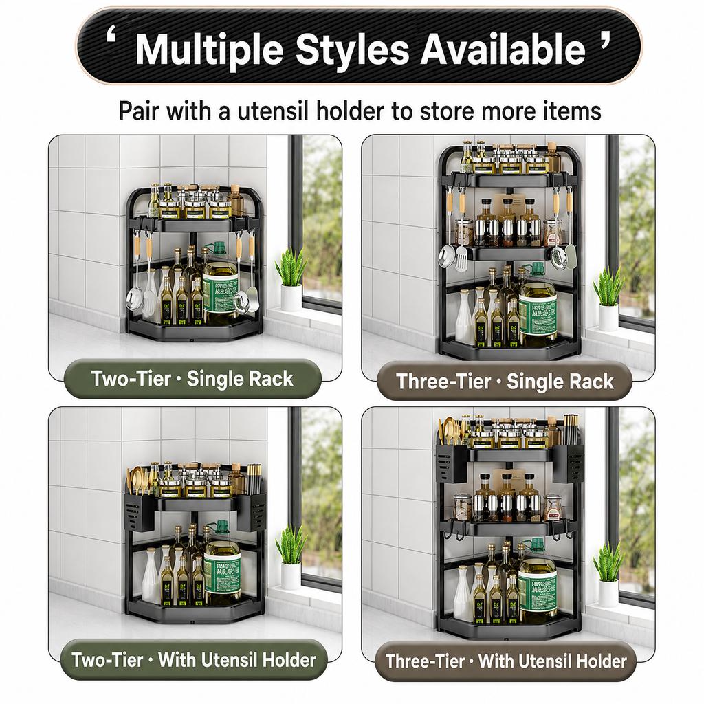 Kitchen Corner Storage Rack No-Drill Countertop Organizer Modern Minimalist Carbon Steel