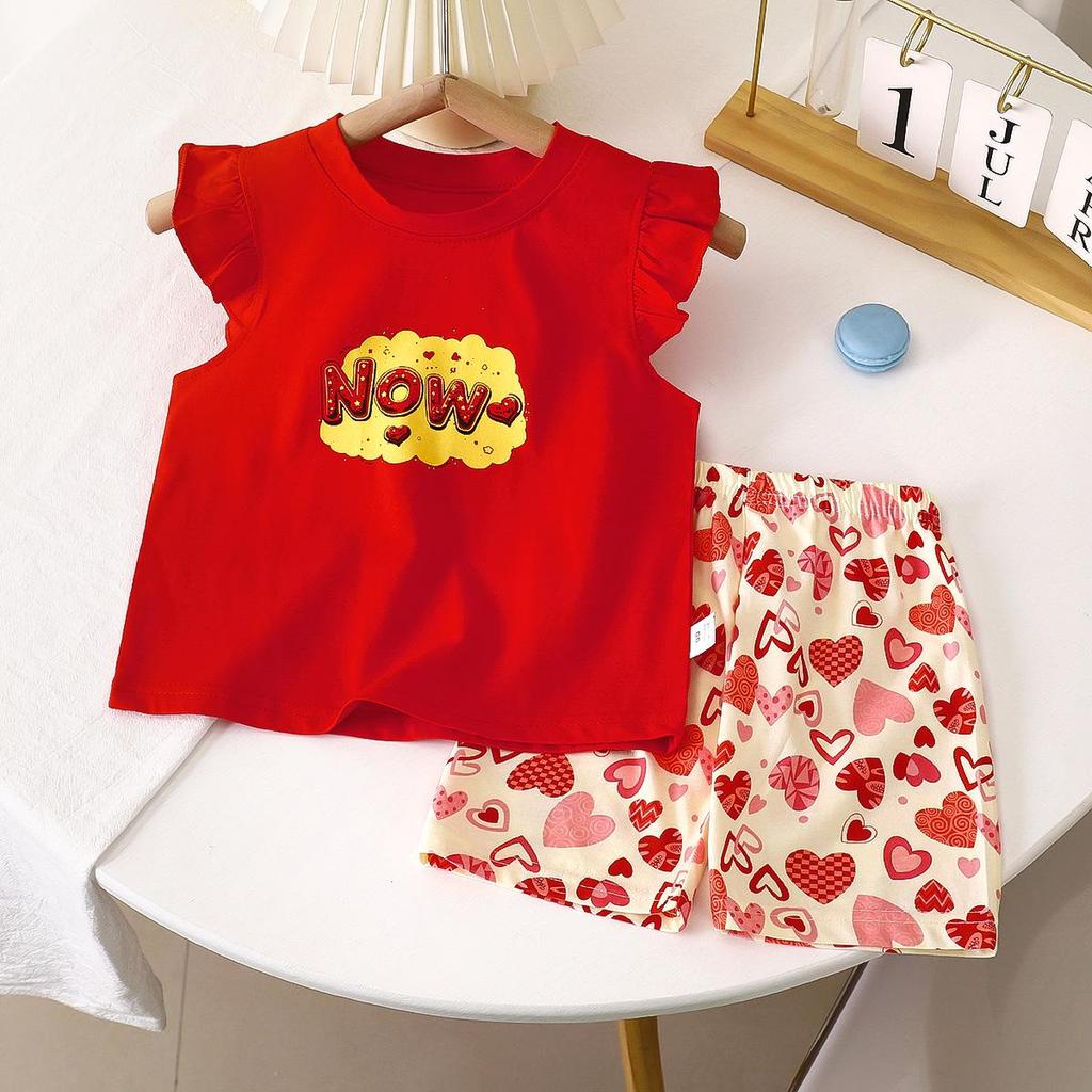 Girls' Summer Flutter Sleeve Top & Shorts Set - Korean Style Two-Piece Children's Outfit