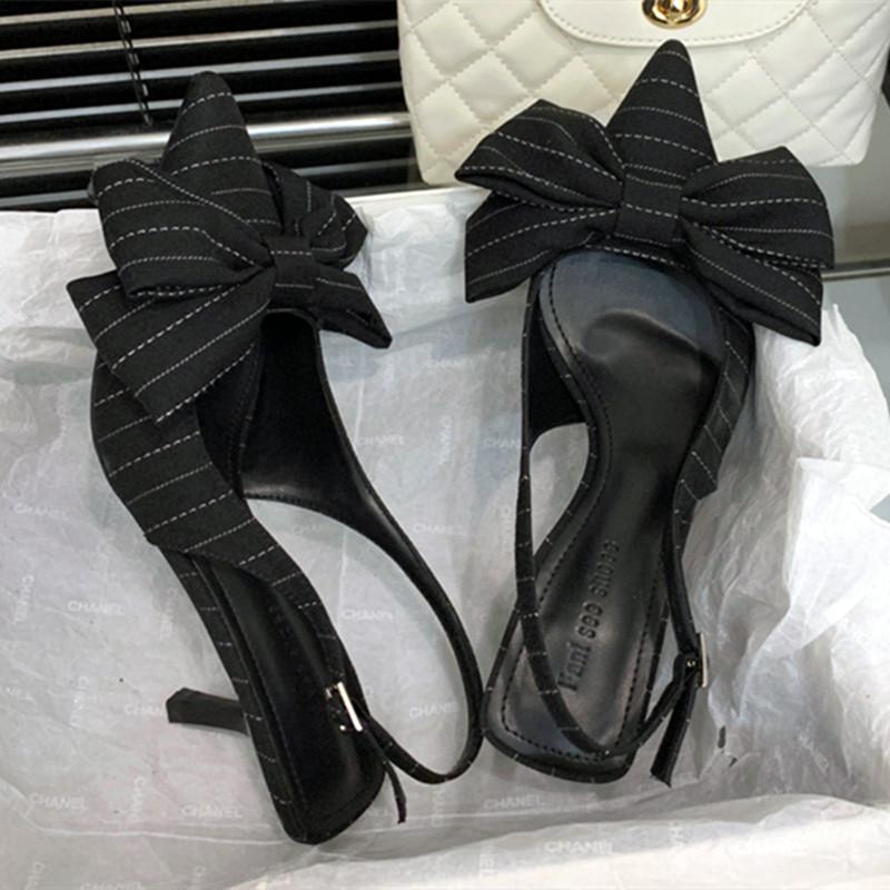 Fashion Striped Bow Design High Heels Women Sexy Pointed Toe Slingbacks Heeled Sandals Summer Comfort Elegant Women Pumps Office Shoes