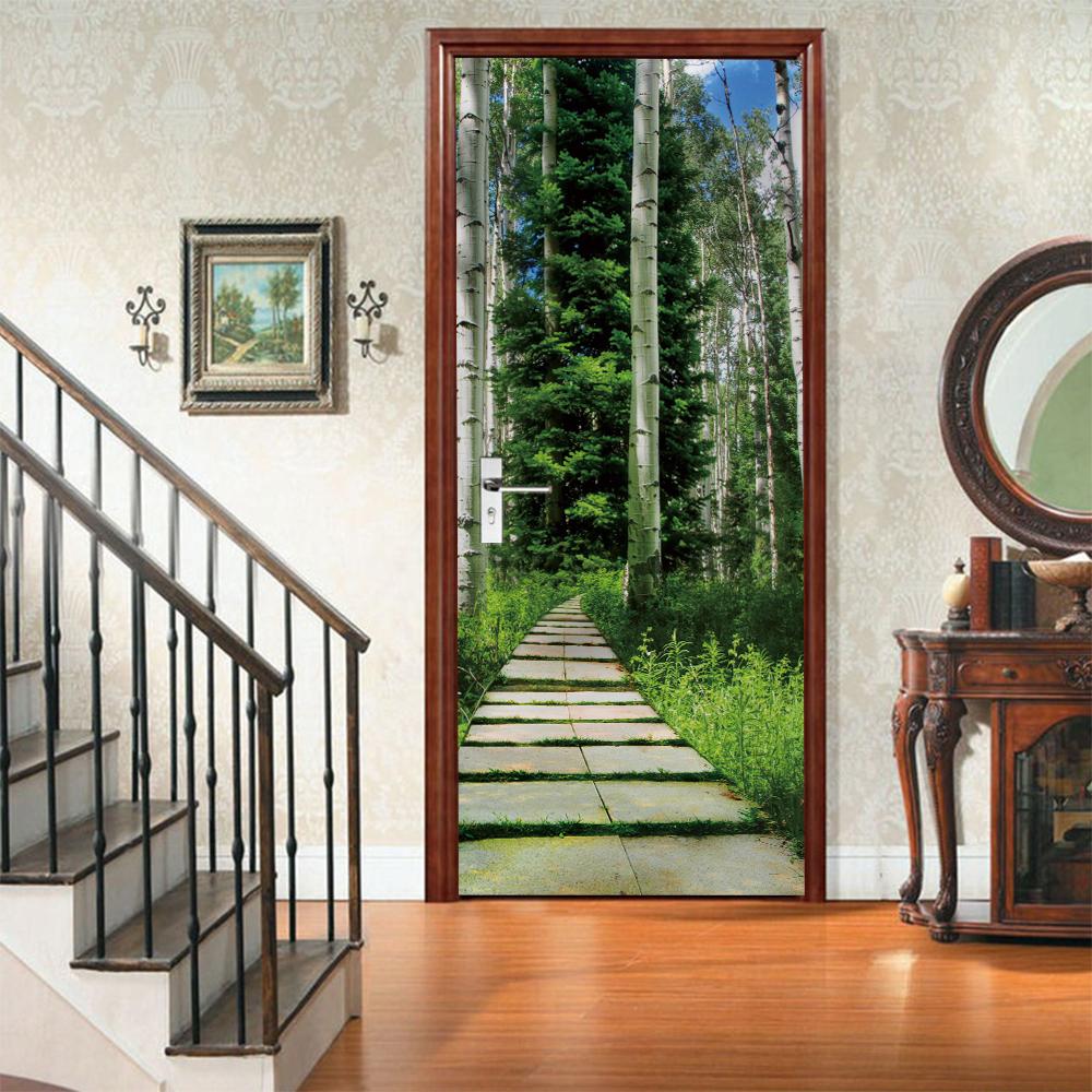 3D Door Mural Sticker Peel and Stick Door Wallpaper Golden Buddha Castle Moon Mermaid Flower Home Decor Removable