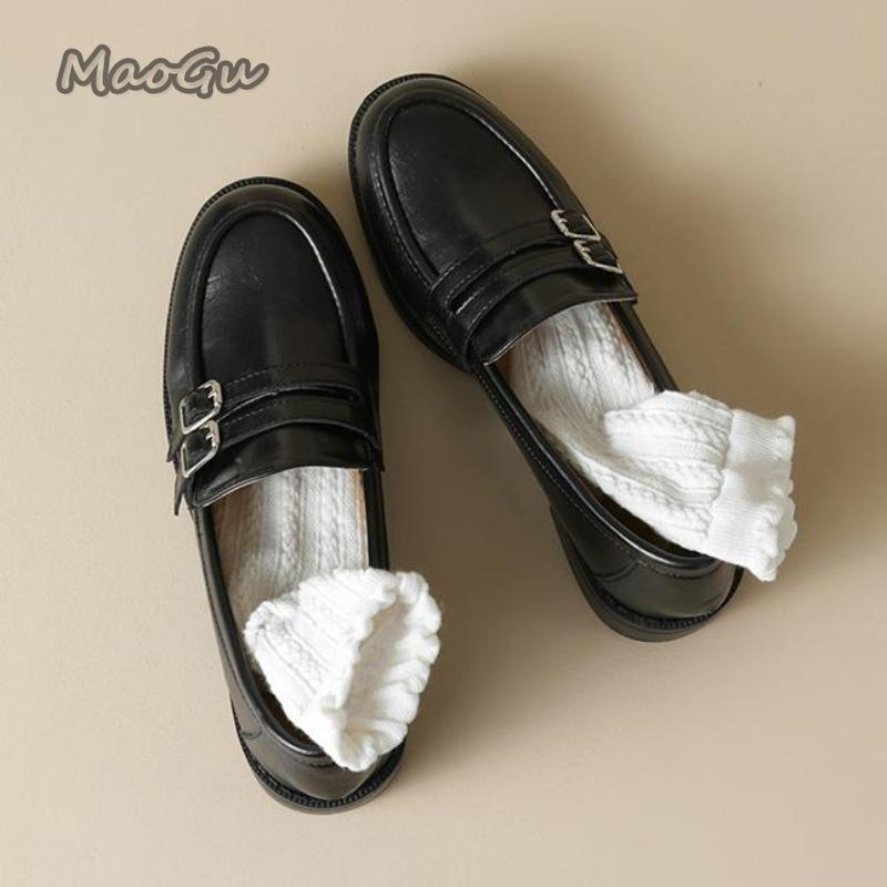 Fashion Thick Soled Loafers for Women Spring Autumn Black Single Shoes Elegant Office Ladies British Style Shoes Leather Mid Heel Pumps