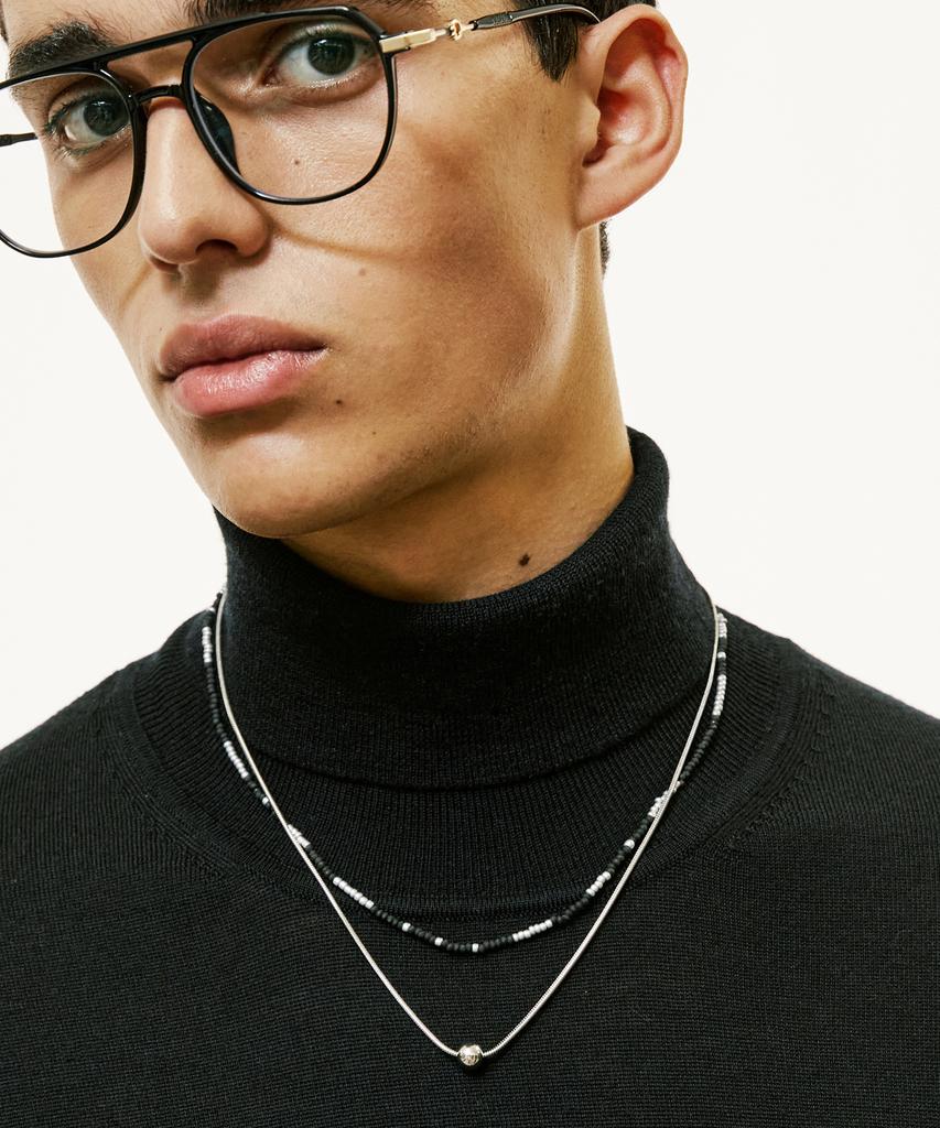 Ssy [Set] Handmade Glass Bead & Silver Ball Layering Necklace