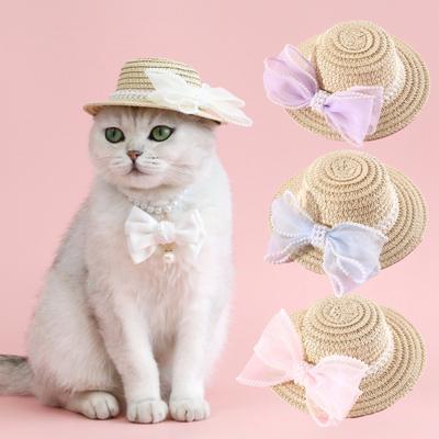 Elegant Woven Straw Cat Dog Hat with Mesh Bow Fake Pearls for Beach Party