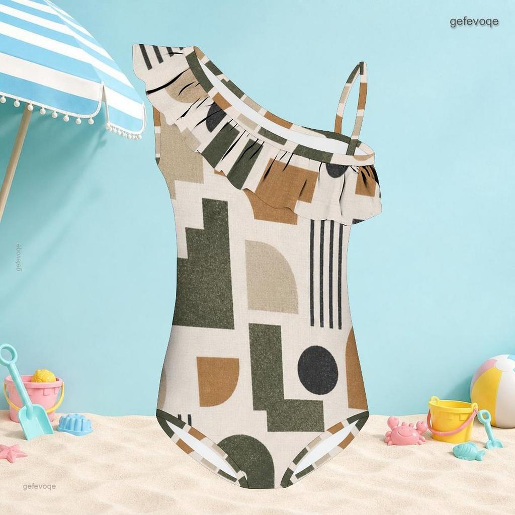 Girls One Shoulder Ruffle One Piece Printed Swimsuit Black Gray White