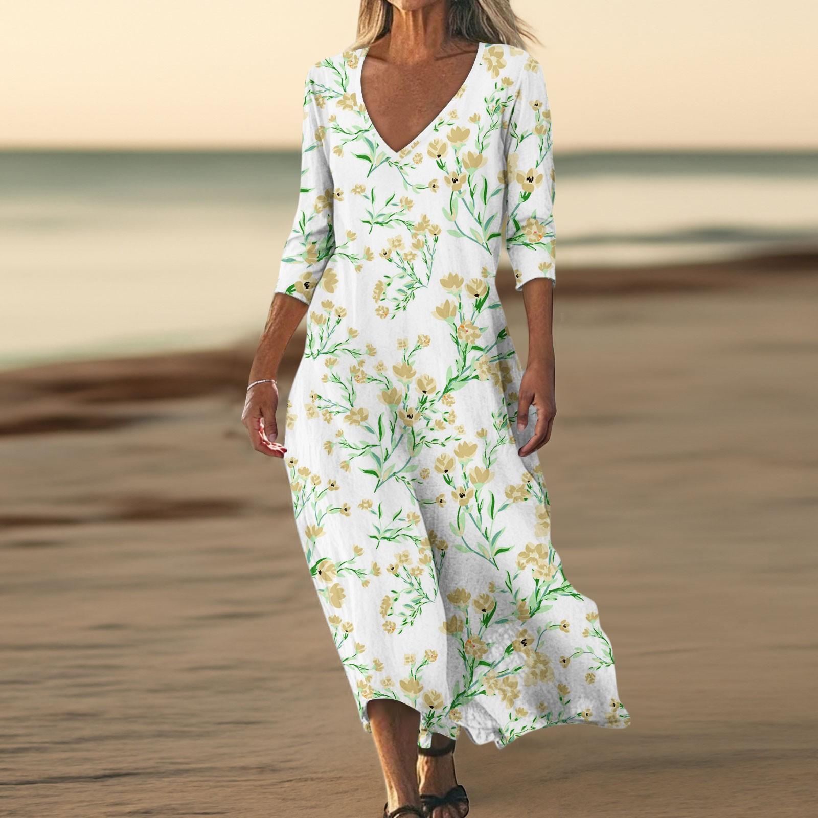 

Платья для женщин Винтажный принт Туника с завышенной талией Миди-платье Летнее повседневное Платье с рукавом 3/4 L