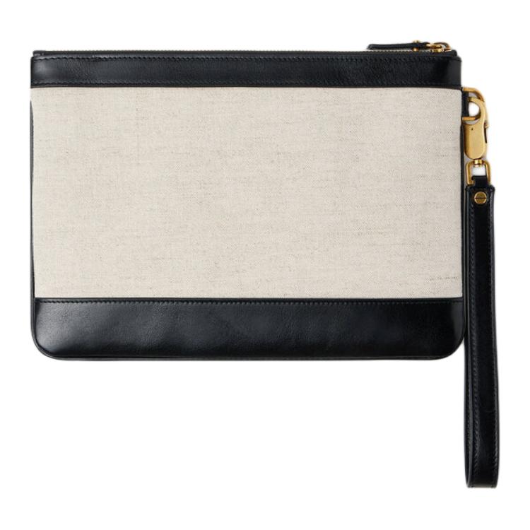 Versace Rivière Logo Zip Closure Linen Cotton Blend Calfskin Clutch Women Clutch Black Beige 1025251-1A17864-2K00J