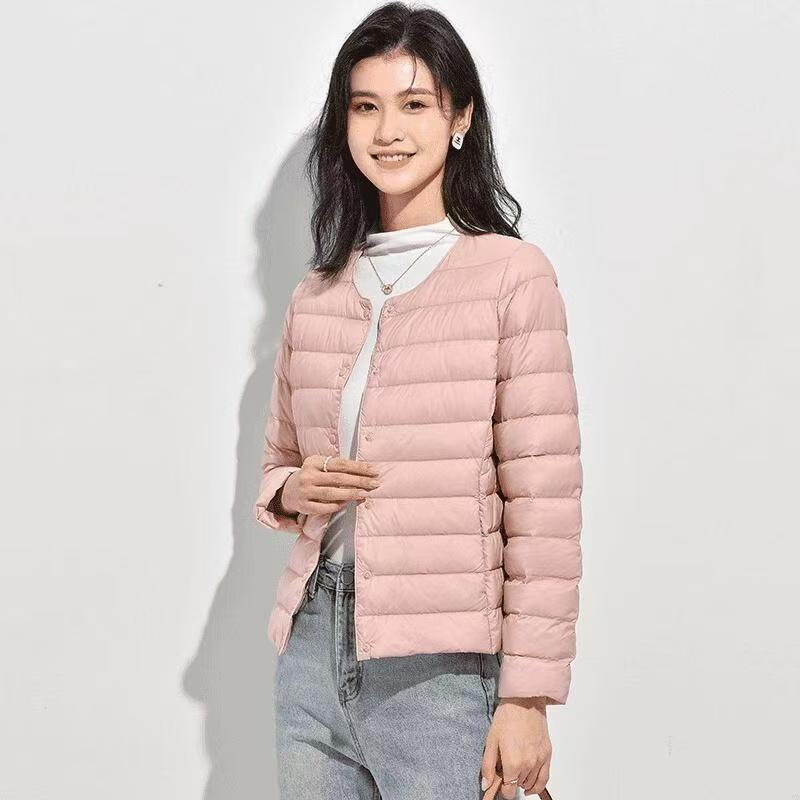 Women's 2025 Lightweight White Duck Down Ribbed Jacket - Warm Round Neck Short Coat