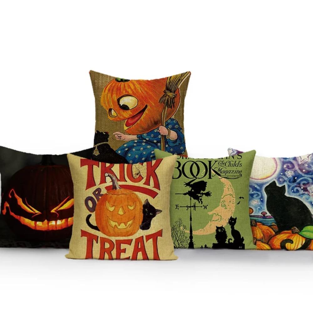 Retro Halloween Pillow Cover Vintage Illustration Witch Pumpkin Black Cat Cushion Case Home Decor Throw Pillowcase for Sofa Bed