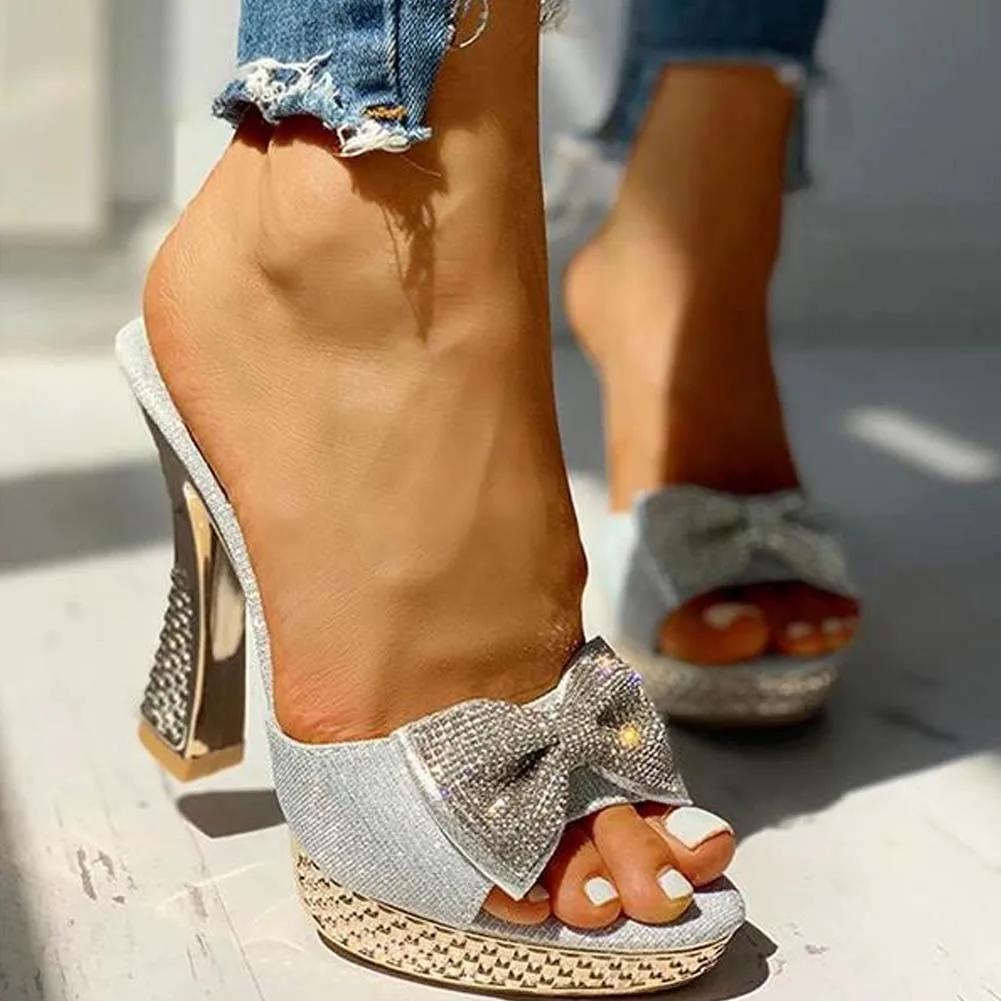 

Fashion Trendy Fashion Female Bowknot Sexy Slippers 2025 Summer Slippers Women Platform Crystal Thick High Heels Shoes Woman 35 серебряный