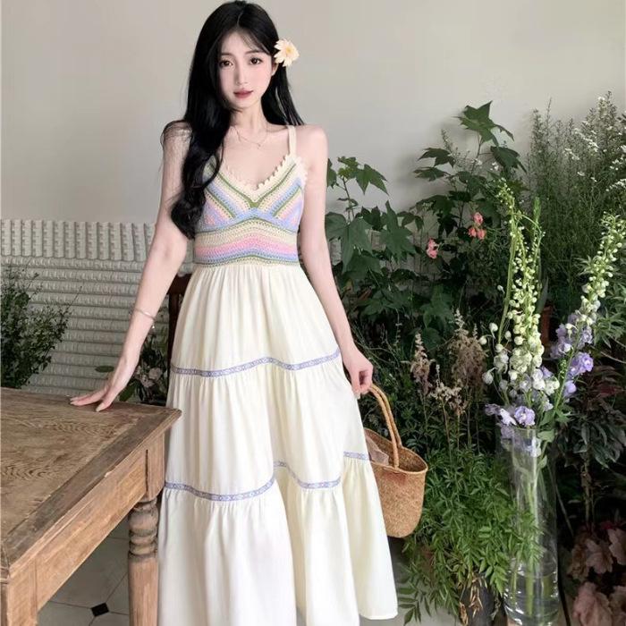 2026 Women's Ethnic Style Suspender Hollow Splicing Dress, New Holiday Style Travel Suspender Skirt Women's Clothing