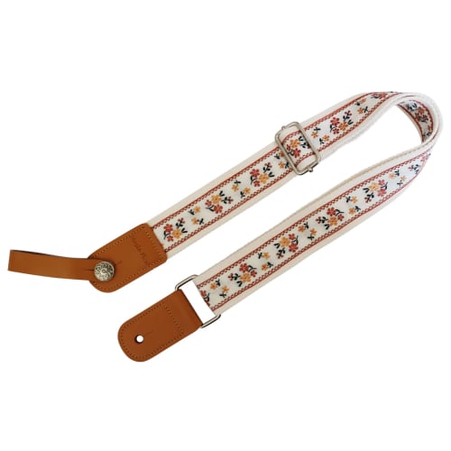 This is a genuine leather ukulele strap with a vintage floral embroidery, an original design by MUSIC FIRST. It is a ukulele shoulder strap with a gen