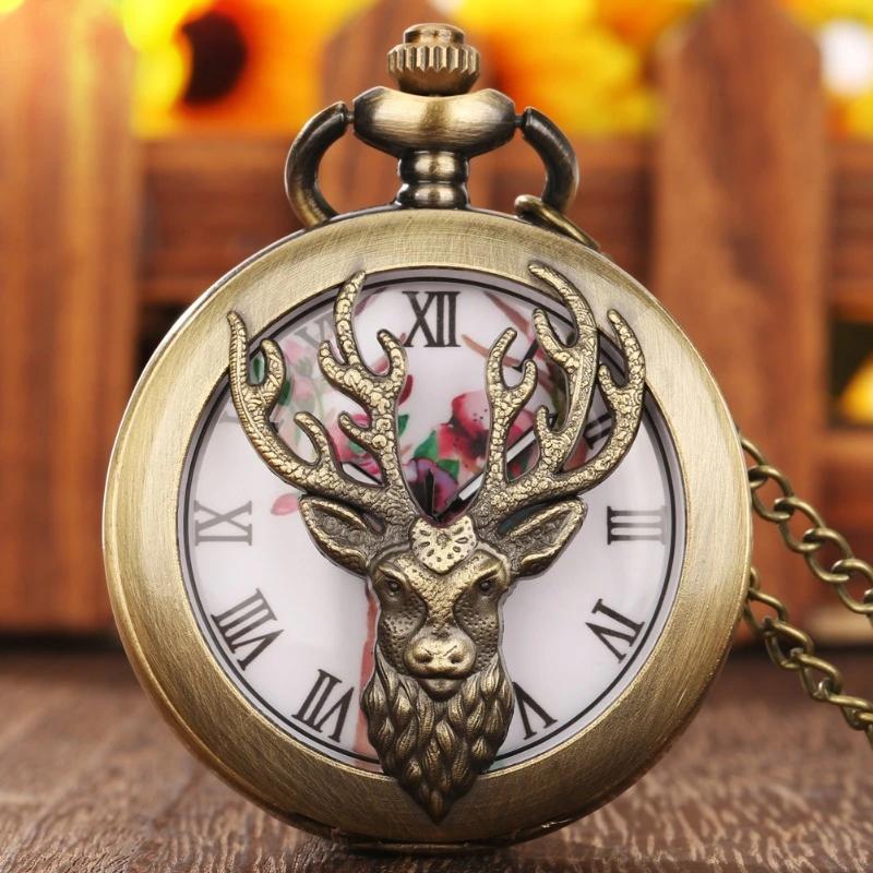 

Popular Vintage Bronze Quartz Movement Pocket Watch Hollowed-Out Deer Head Carved Christmas Gifts For Men And Women бронзовий